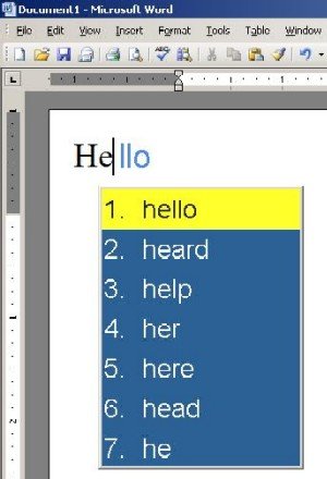 Partial screenshot showing the beginning of the word Hello being typed and a list of seven possible word choices.