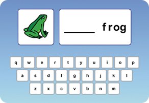 Rounded blue rectangular image with a white Qwerty keyboard on the bottom and a frog in a white box on the upper left. A white rectangular window is in the upper right with the word frog next to a blank line.