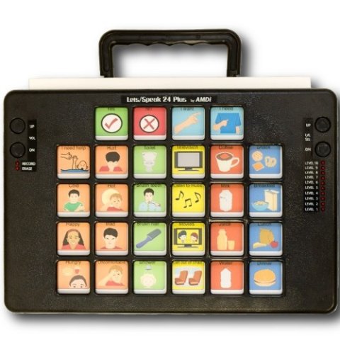 A black rectangular device with 24 message icons with text above such as "movies" and "listen to music," and a handle on the top.