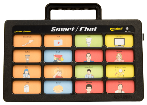 A black rectangular device with 16 message icons with text above such as "brush teeth" and "brother," and a handle on the top.