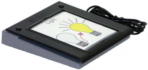 A square device with a black frame around and an illustration of two light bulbs, one off and one on, with text that reads "light."
