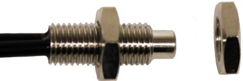 A metal cylindrical device with a black tip and a nut that screws on the end.