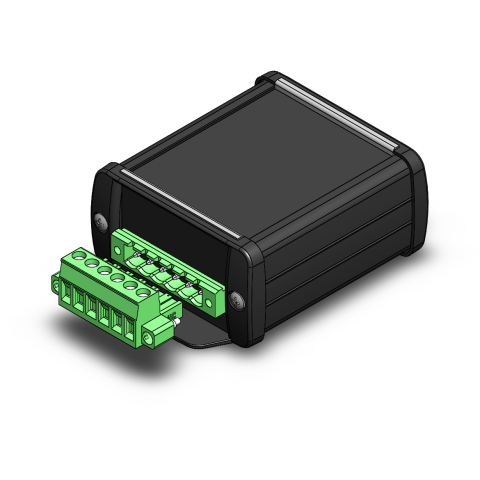 A black rectangular device with a green rectangular structure mounted on the end.