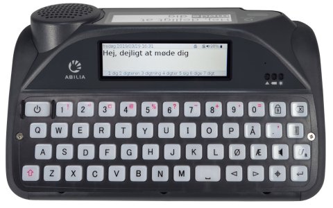 A black keyboard with gray keys, a gray screen above the keys, and a second gray screen with a black speaker on the back of the device.