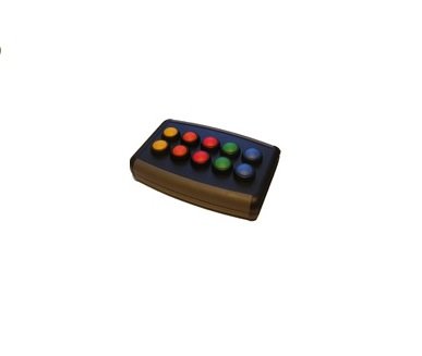 A black rectangular device with 10 buttons in yellow, orange, red, green, and blue.