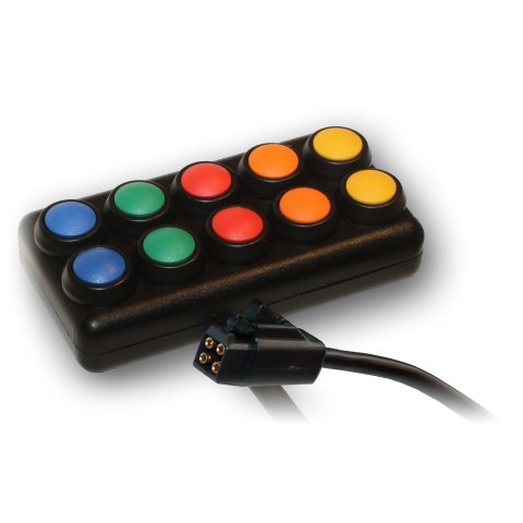 A black rectangular device with a cord on the bottom and 10 buttons in yellow, orange, red, green, and blue.