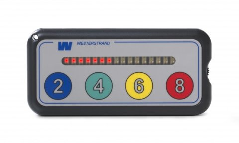 A gray rectangular device with a horizontal row of lights above the numbers 2, 4, 6, and 8.