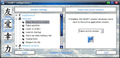 ZenKEY window consisting of three columns - a vertical control panel, settings options, and instructions.