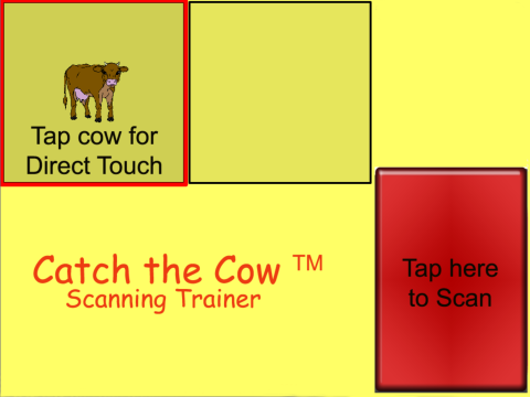 Large yellow square with a drawing of a cow in the upper left square, the app name on the bottom left, and a large red button on the lower right with "Tap here to Scan" written in it.