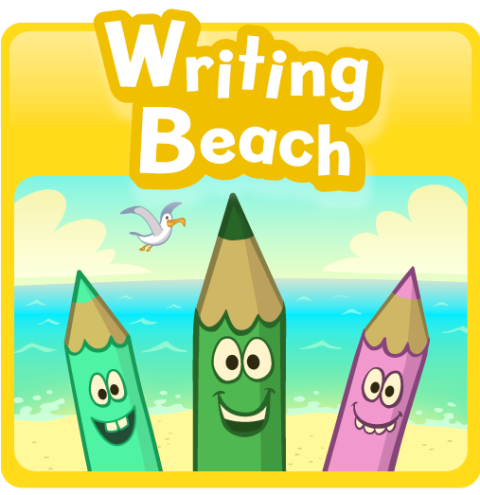 Square image of a colorful drawing of three pencils with smiley faces with a beach behind them.