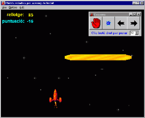 A black screen with graphics of starts, a rocket, and a flying saucer above it.