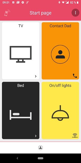 Start page with menu options featuring TV, Contact Dad, Bed, and On/Off Lights.