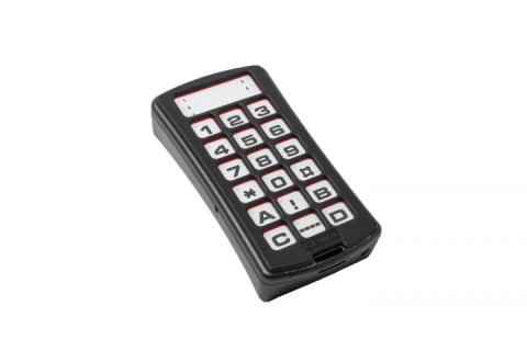 A black rectangular device with 18 buttons featuring letters, numbers, and symbols.