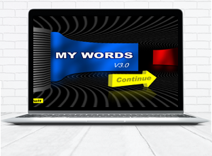 Laptop computer with display up and showing the program's main screen, which has the program name in blue against a black background and a large yellow arrow in the lower right with the word continue in it.