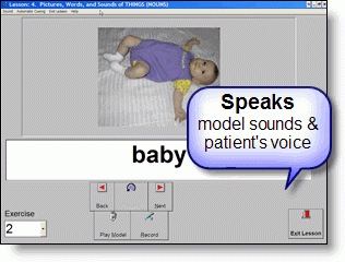 Screenshot showing the word to speak, with a picture representing the word at the top center, and menu options below it.