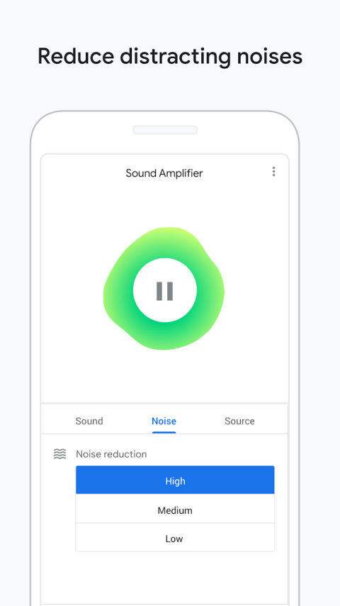 Sound Amplifier menu on a phone featuring a pause button and the noise tab with high, medium, and low options.