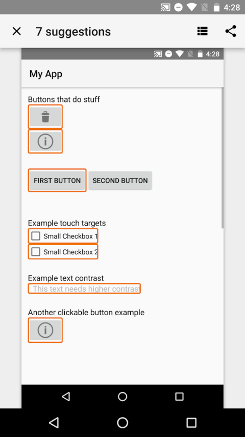 7 suggestions with related icons, including, "Buttons that do stuff," "First Button," "Second Button," "Example touch targets," "Example text contrast," and "Another clickable button example." 