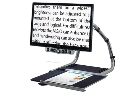 A monitor with 6 buttons displaying black text magnified on a white background. Arms mounted on the back connect the monitor to the document tray below.