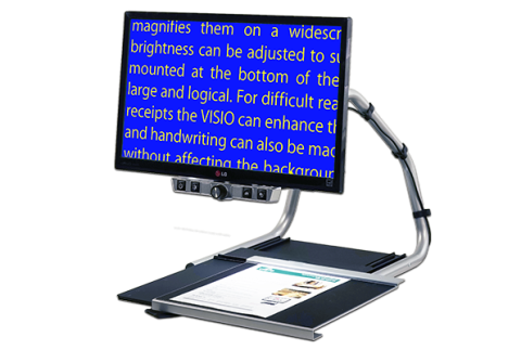 A monitor with 4 buttons displaying white text magnified on a blue background. Arms mounted on the back connect the monitor to the document tray below.