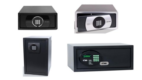 Various models of safes, ranging from short and rectangular black devices (resembling microwaves) with keypads and small LCD panels, to taller, vertical-standing safes, which resemble mini refrigerators.