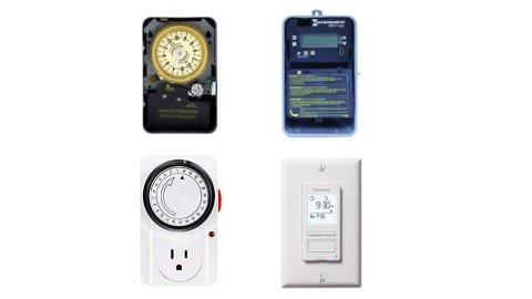 Various models of timer switches, two of which resemble a standard analog clock timer that plugs directly into a wall outlet. The other two have digital displays and menu buttons.