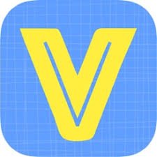 Rounded light blue square with grid-like pattern in background with a large, yellow letter V in the center.