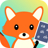 Rounded square cartoon drawing of an orange fox holding a tablet with letter combinations on the screen.