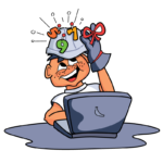 Cartoon drawing of a smiling boy wearing a cap in front of a laptop computer and slapping himself on the side of the head as numbers come out.