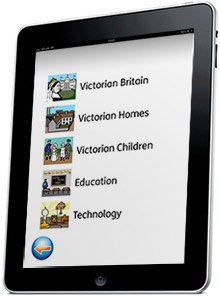 A vertical iPad screen showing five rows of an image next to a topic area against a white background.