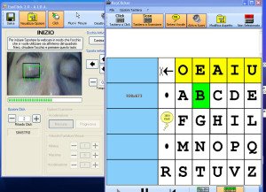 Screenshot showing a split screen, with an image of user's eyes on the left and an on-screen keyboard on the right.