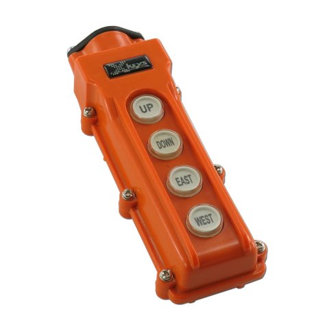 An orange rectangular device with 4 buttons labeled up, down, east, and west.