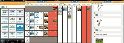 Screenshot of an AAC board with symbol options on the left, a calender on the center left, a weekly planner in the center right, and a day planner on the left.