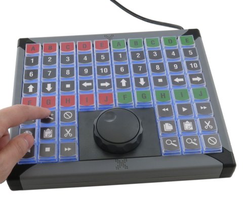 A black and gray rectangular device with 68 keys on the front and a round knob below.