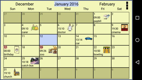 A calendar with appointments represented via symbols, words, and photos.