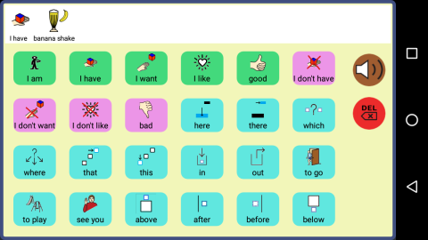 A screenshot of the phrases and words menu with symbols above each selection, for example, "good" with a thumbs up.