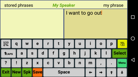 An on-screen keyboard with menu options above, including stored phrases and my phrase.