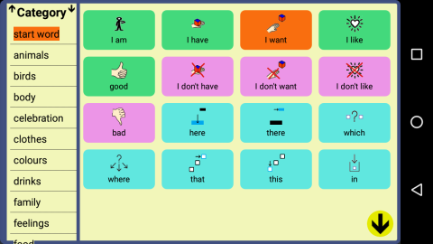 A screenshot of the categories menu column and a selection of words and phrases with corresponding symbols next to them. 