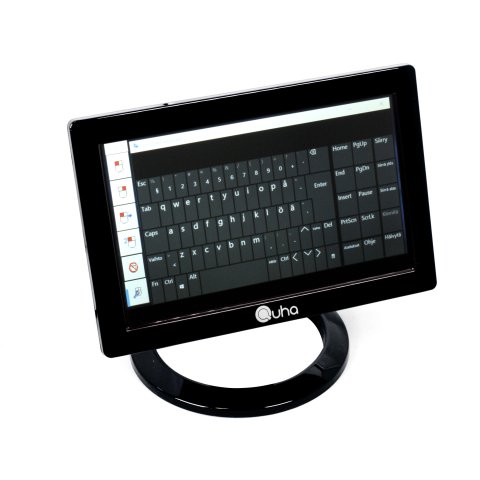 Small, horizontal video monitor on a round, ringed stand with a black frame and displaying a virtual keyboard on the screen.