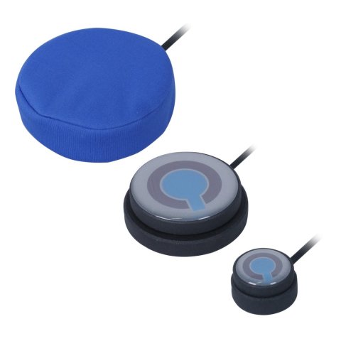 Three round button switches, aligned diagonally, with the largest one to the left of the smaller two, and each with a cord extending out the back. In addition to size, the largest button differs in that it has a blue cloth cover encapsulating it.