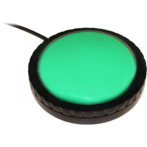 A round switch with a green surface, a black base, and a black cord attached to the base.