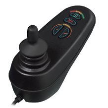 A black joystick on a black base with a cord on the end and menu options at the top of the base.