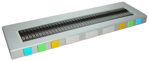 A long rectangular Braille keyboard with color-coded buttons on the front.