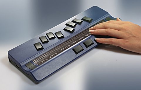 A blue keyboard with 8 braille keys in 2 groups of 4.
