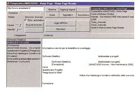 Screenshot of the home page reader in use. The browser features an additional sidebar on the left-hand side, which displays each element of the web page. At the top of the screen, there is a large menu interface for the home page reader.