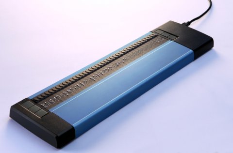 A blue keyboard with black end caps to the right and left.