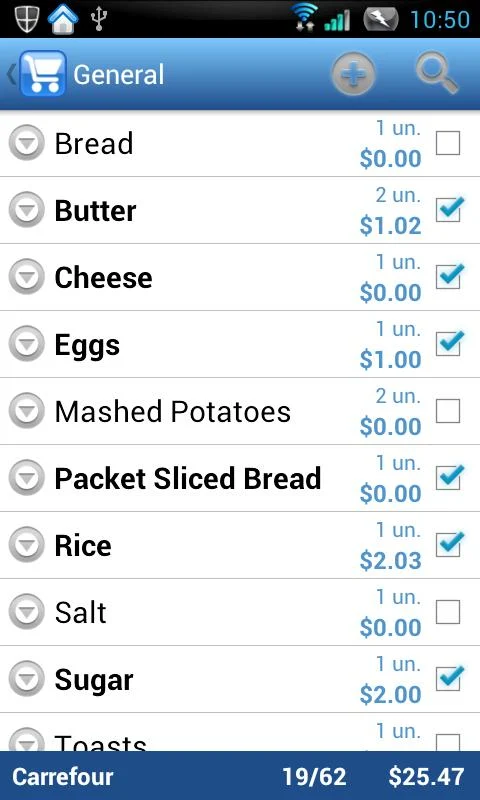 A grocery shopping checklist with prices of items such as bread, bananas, and cheese.