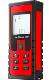 A bright red rectangular device is comparable to the size of a mobile phone. 1/3 of the face is a viewing screen and below that are buttons. The device is in a protector case.