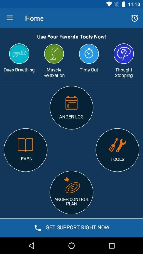 Anger and Irritability Management Skills (AIMS) on a mobile device showing a blue screen with a menu bar at top of 4 "Favorite Tools Now": Deep Breathing, Muscle Relaxation, Time Out, and Thought Stopping. Below are 4 large buttons arranged in the shape of a diamond: Anger Log, Tools, Anger Control Plan, Learn. The bottom of the screen has an option bar to "Get support right now".