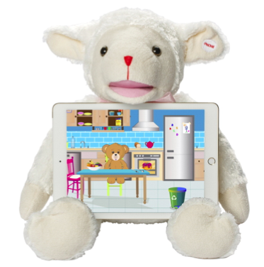 Lily the Lamb is a white plush toy with off-white inner ears, muzzle and footpads. She has black round eyes, a red triangle nose and an open pink mouth. She is sitting with an iPad in her lap which is showing a child-appropriate drawing of a kitchen with a bear sitting at the table.
