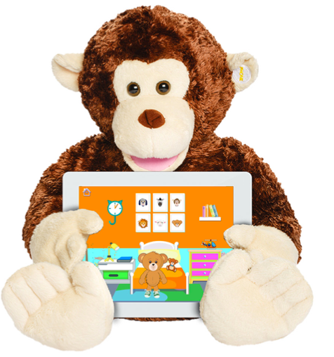 Parker the Monkey is a plush brown monkey with white ears, face, hands and large feet. He has round black eyes and a dark red nose, and a prominent muzzle with an open pink mouth. He is sitting holding an iPad which shows a child-appropriate drawing of a bedroom with a bear in front of the bed wearing tennis shoes, a cat-shaped clock on the wall, a toy bear on the bed and a 3x3 display of pictures featuring  Bluebee Pals.
